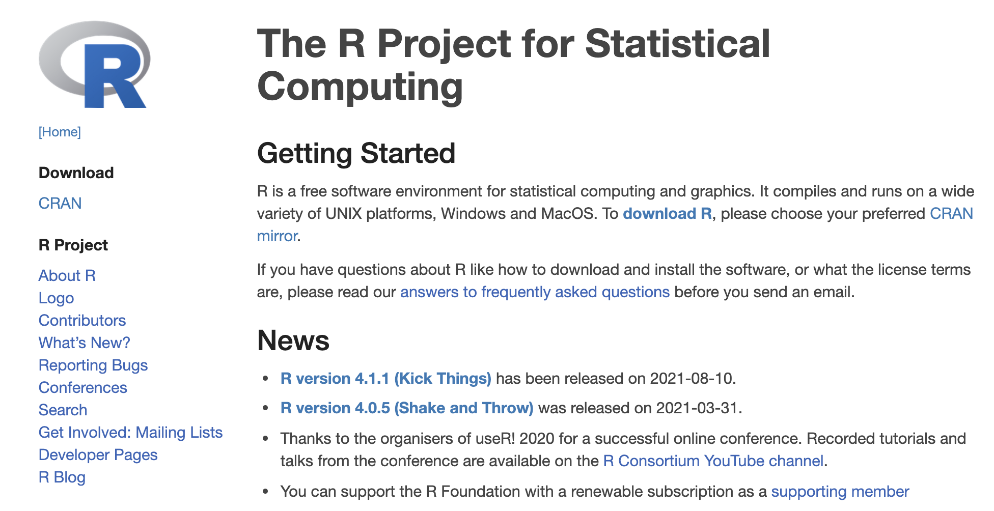 Página oficial del `R`. Note que la  versión más reciente es la 4.1.1.