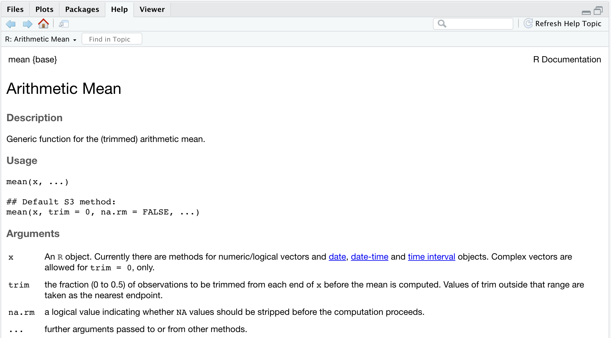 Resultado de escribir `?mean` en la consola del `R`.